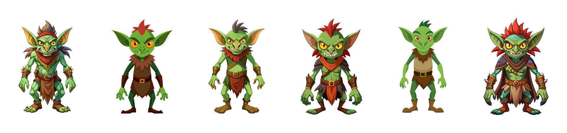 Set of Green goblins in cartoonish style isolated on a white background. Concept of Halloween, fantasy character, troll, mythical creature, whimsical illustration. Print, design element. Clip art vector