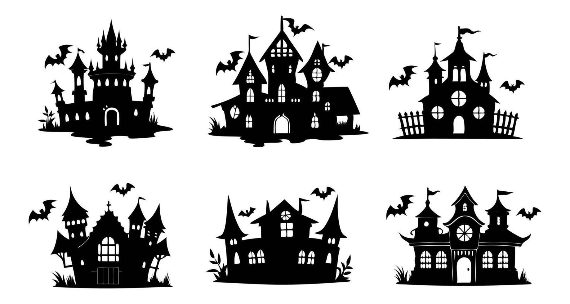 Set of Black silhouettes of haunted castles with bats isolated on white background. Concept of spooky decoration, haunted house, minimalist style, Halloween design. Print. Clip art vector
