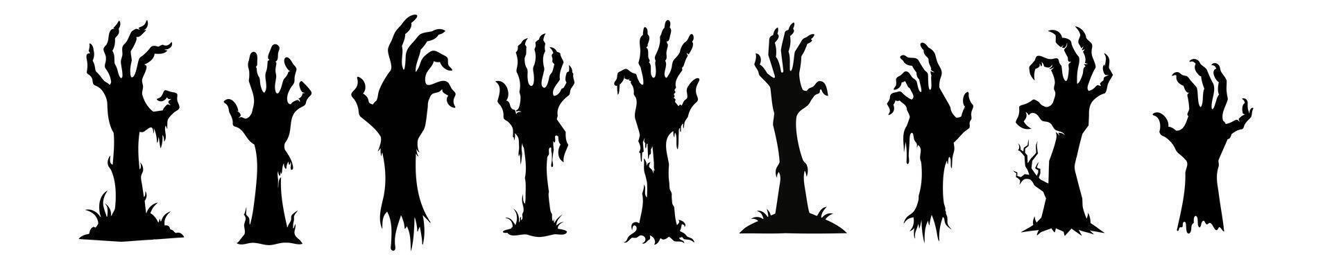 Row of black silhouettes of creepy zombie hands rising from the ground isolated on a white background. Eerie monster hands set. Concept of horror, Halloween. Print, icon, design elements vector