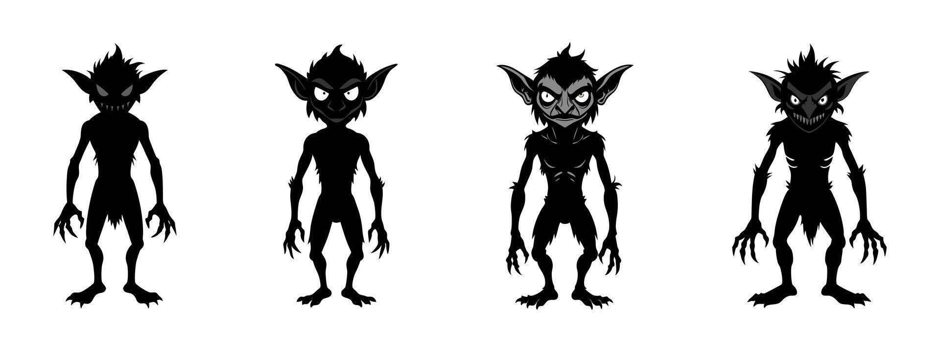 Set of Black silhouettes of goblins isolated on a white background. Concept of Halloween, mythical creature, troll, fantasy character, eerie illustration, design art. Clip art vector