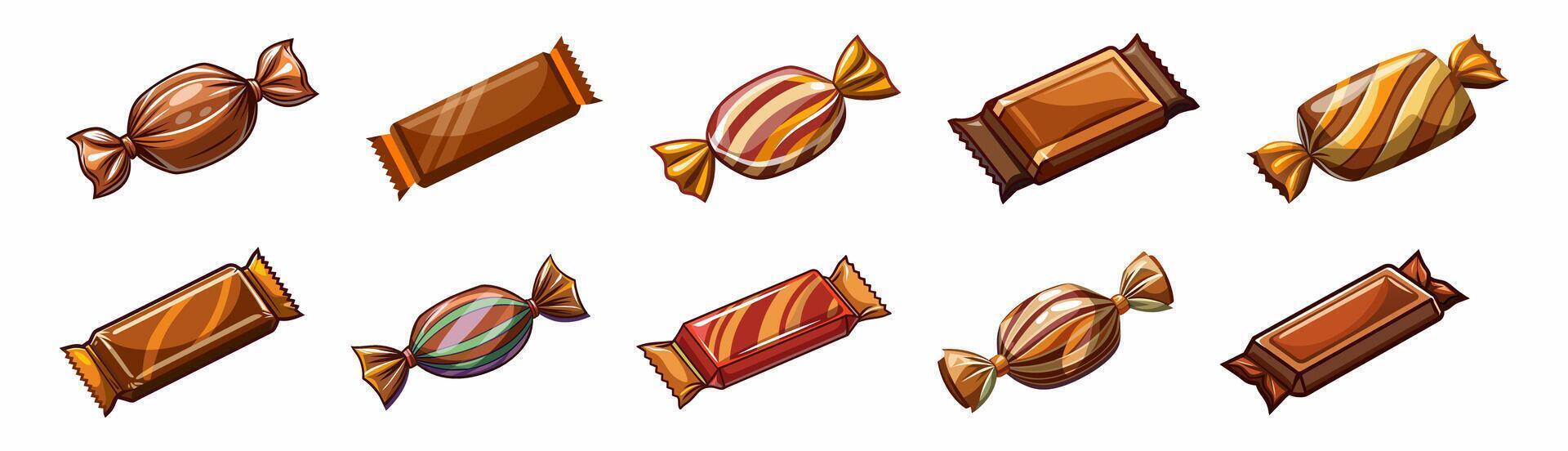 Set of colorful wrapped chocolate candies isolated on a white background. Design of bonbons. Concept of sweets, confectionery, and fun treats. Print, design elements vector