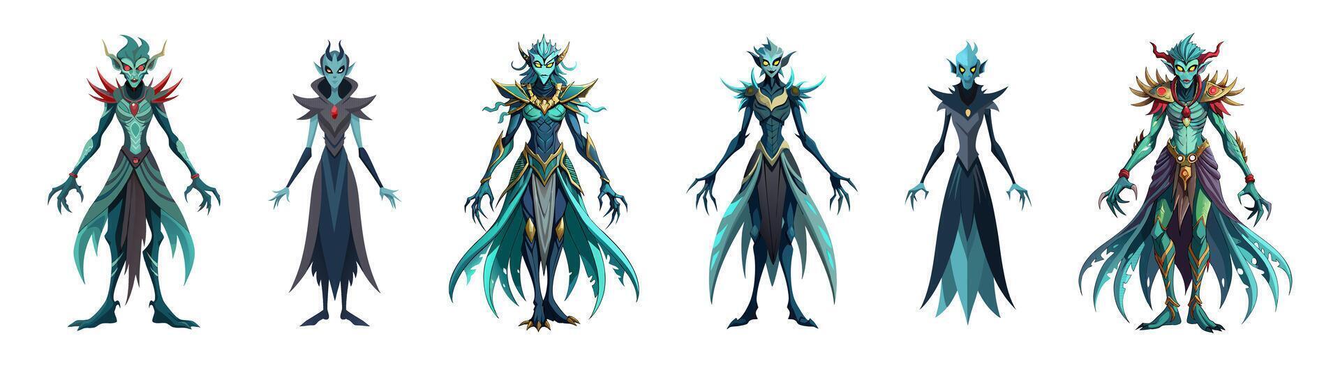 Set of banshee characters with glowing eyes and tattered robes isolated on a white background. Concept of Halloween, mythical creature, spooky ghost, fantasy design. Print, design element. vector