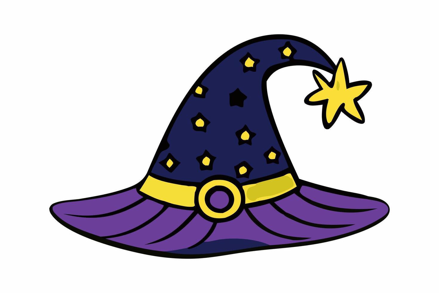Witch hat isolated on a white background. Wizard pointed hat. Concept of Magic Accessory, Halloween, Fantasy Garment, Colorful Illustration. Print, design element. vector