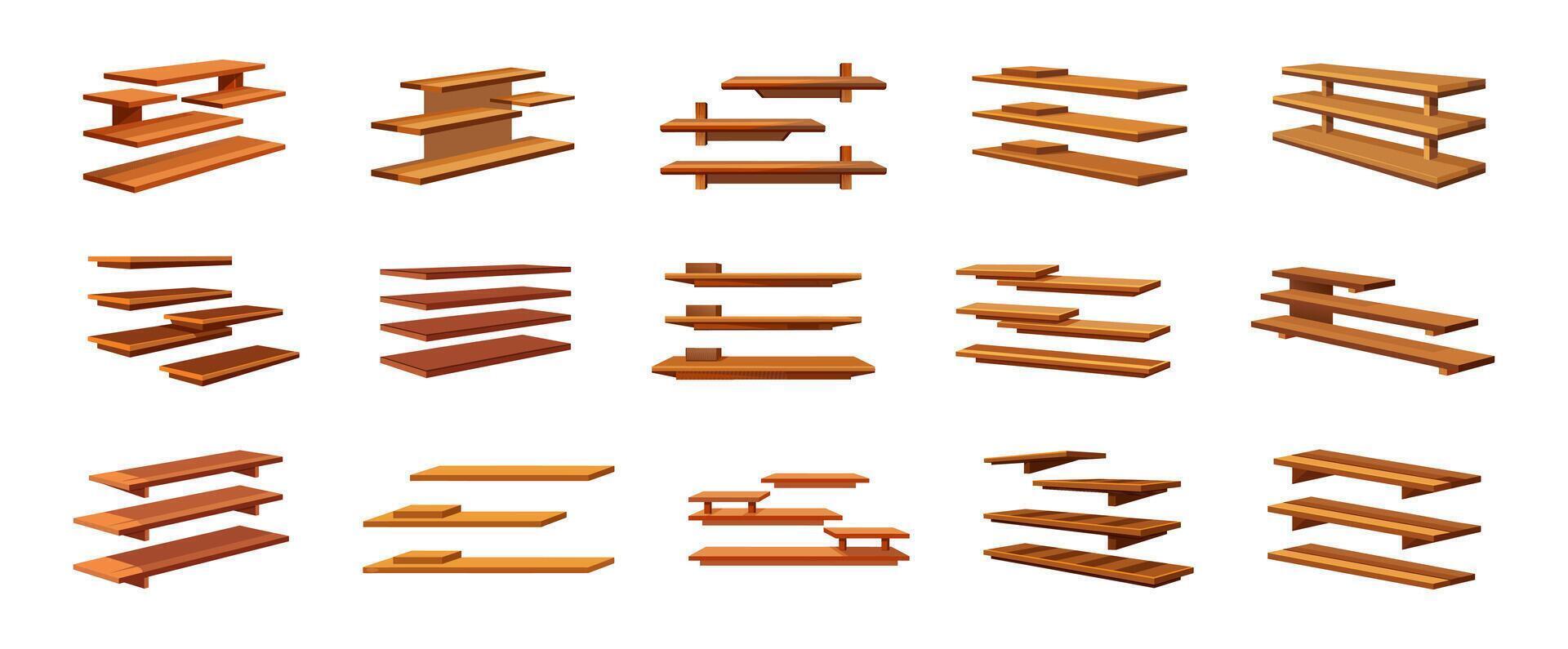 et of Brown wooden floating shelves isolated on a white background. Minimalist shelving unit with simple design. Concept of home decor, organization, storage, furniture, interior design. Collection vector