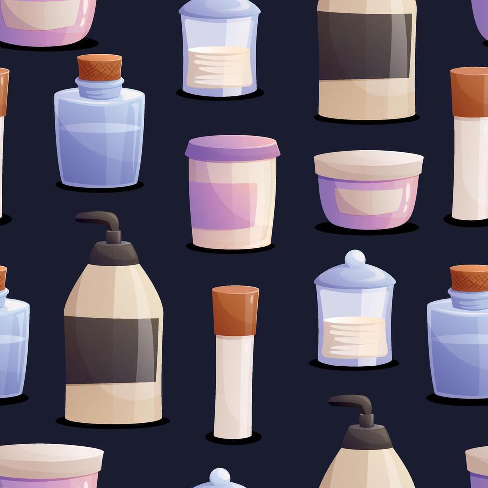 Jars and bottles with soap, shampoo and other beauty and hygiene products. Cartoon seamless pattern. vector