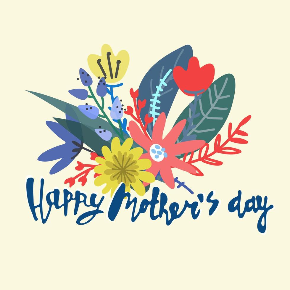 Happy Mothers Day greeting card design. Elegant floral bouquet and hand-lettered greeting phrase. Isolated on dark background vector