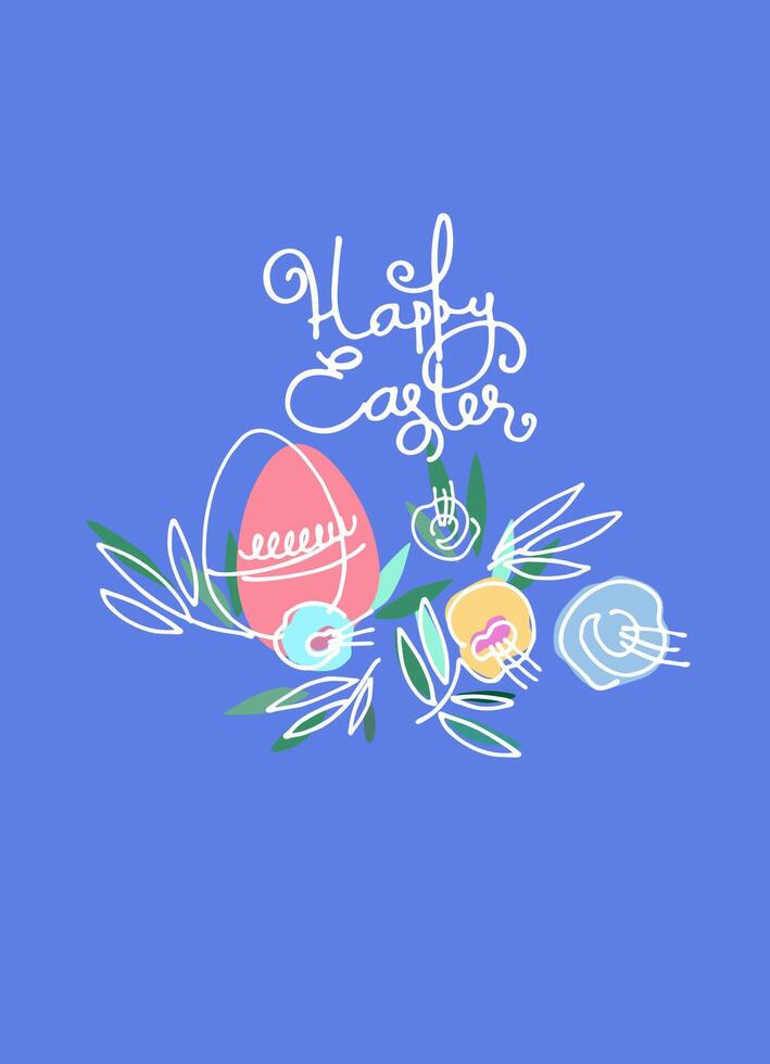 Easter wreath with hand-lettered greetings inside. Eggs, flowers, leaves isolated on white background vector
