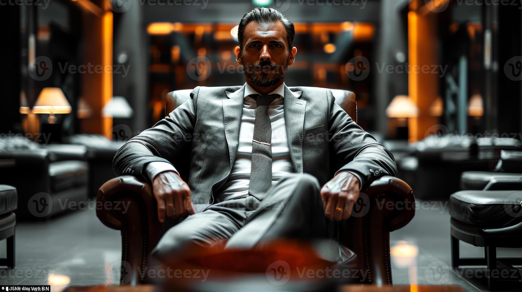 A handsome bearded businessman in a suit sitting in an armchair. photo