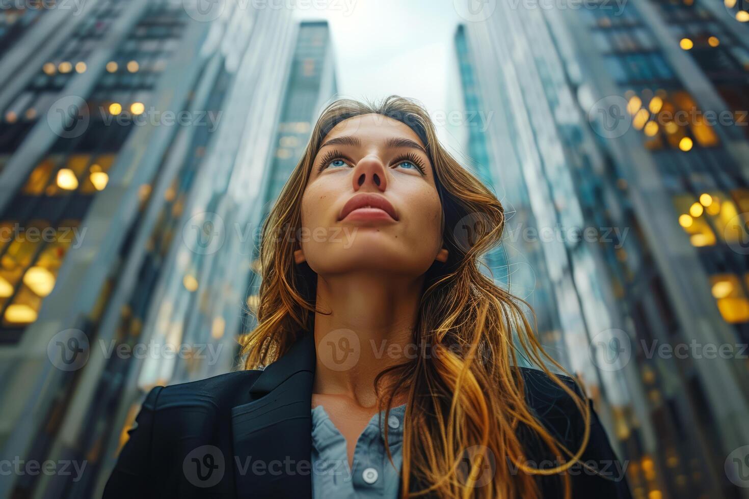 Woman in the background is a building. photo