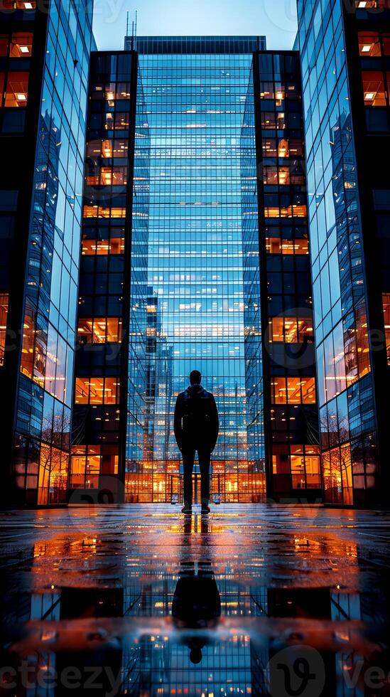 Silhouette of a man standing in front of a modern office building photo