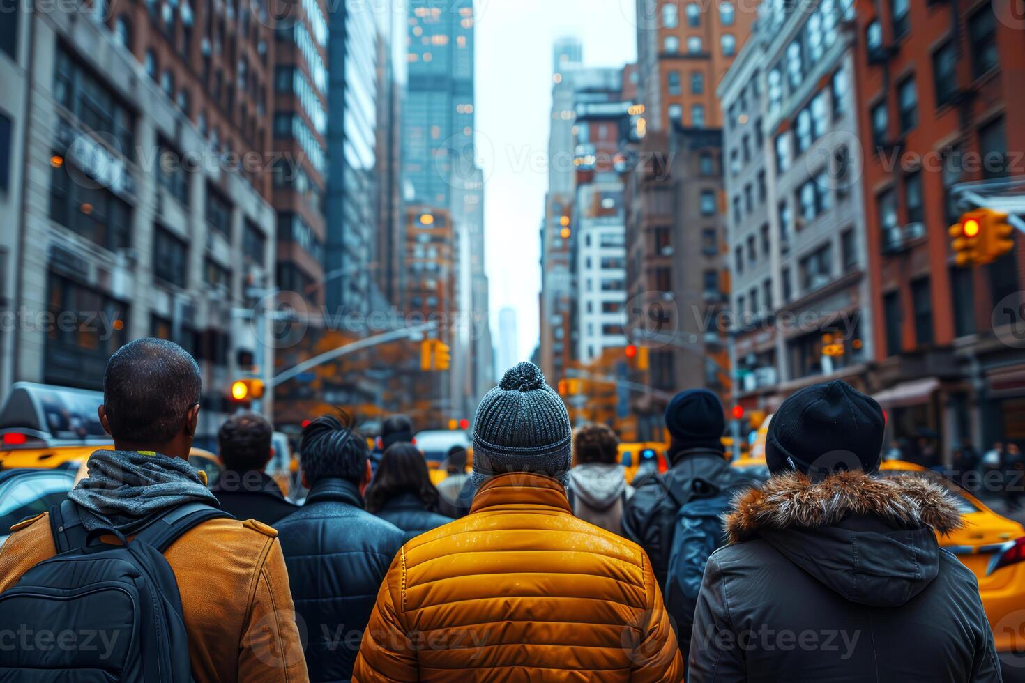 People stand behind tall buildings. photo