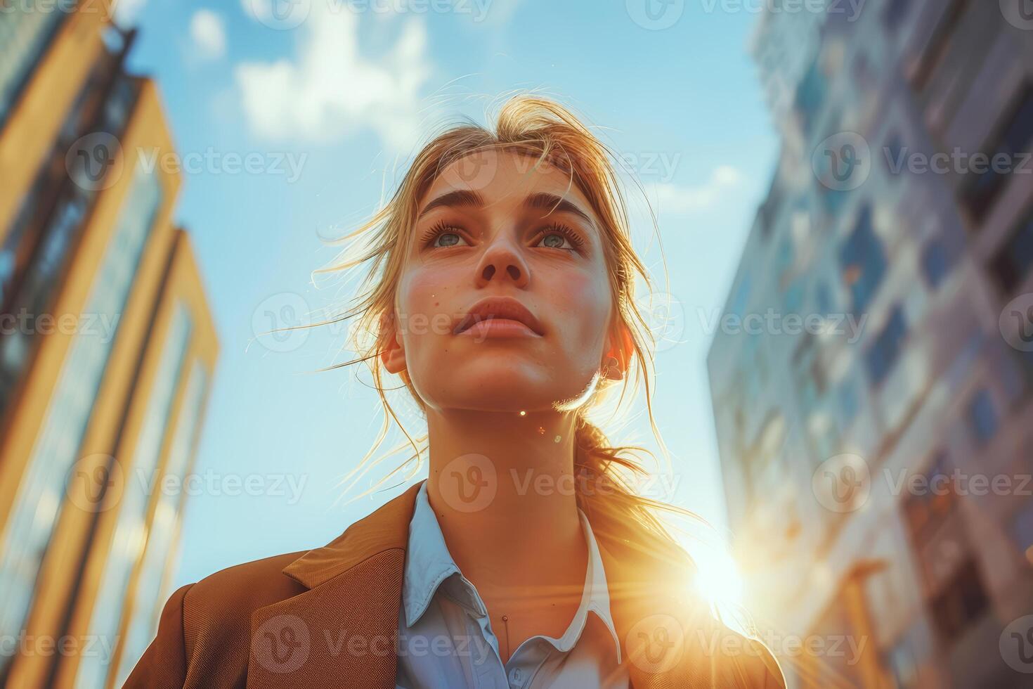 Portrait of a beautiful young girl in a business suit in the background of the city. photo