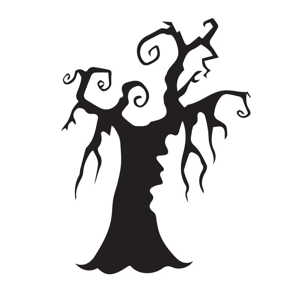 Spooky Halloween Tree Silhouette. Haunted Twisted Trunk. Black and White Clipart vector