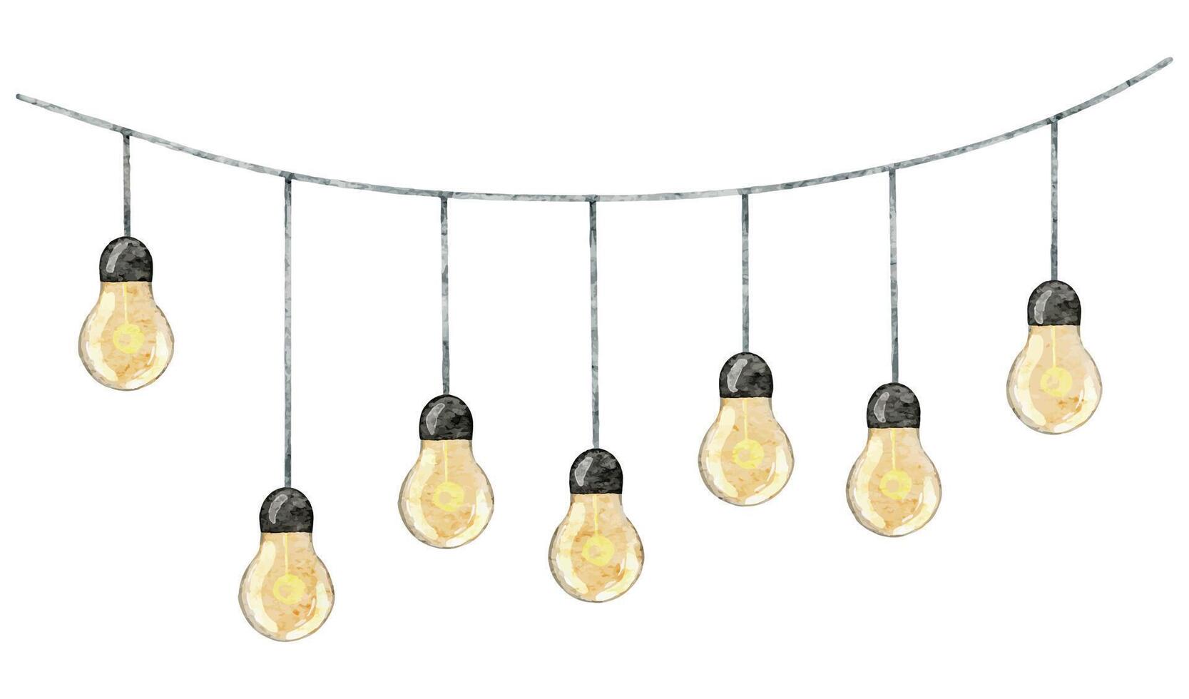 Watercolor illustration of String of Hanging Light Bulbs. Drawing of Lamp garland for party decoration design. Electric festoon for celebration on isolated background. Glowing bright strands. vector