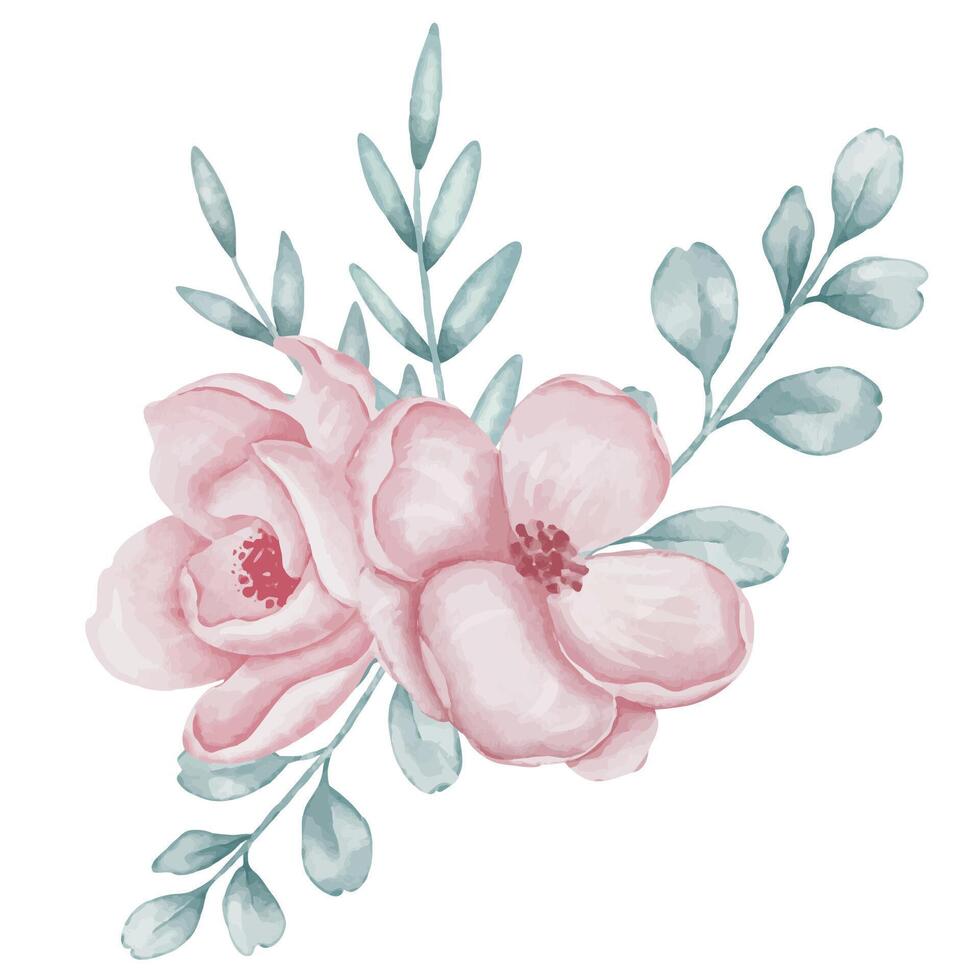 Pink Flowers and green eucalyptus branches on isolated background for wedding invitations or baby birthday cards in pastel colors. Floral watercolor illustration with pink roses for childish design vector