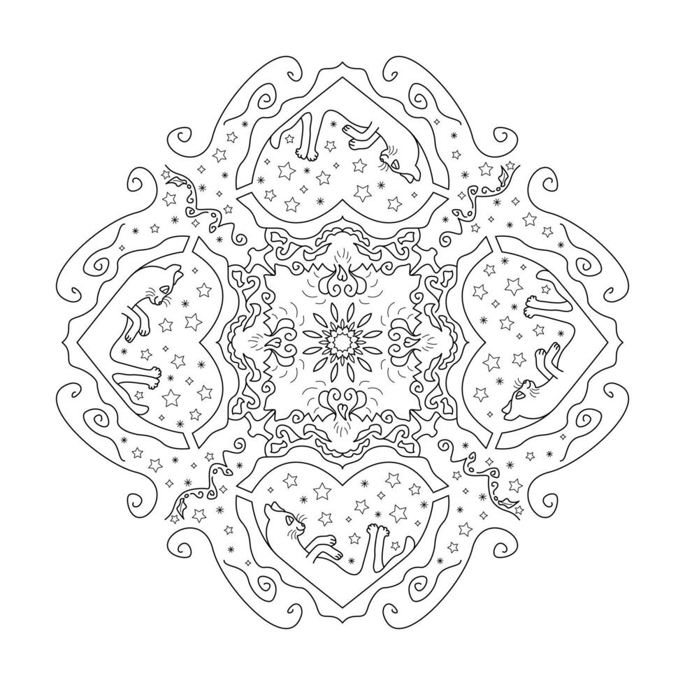 Mandala. Relaxed cat looking at the stars. vector
