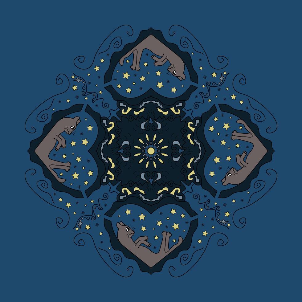 Mandala. Relaxed cat looking at the stars. Background Color Blue. vector
