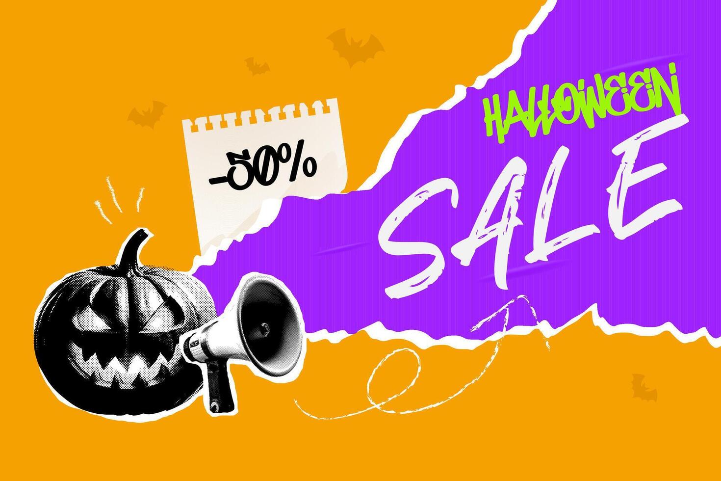 Halftone blank banner sale, discount, retro pop collage for Halloween. vector