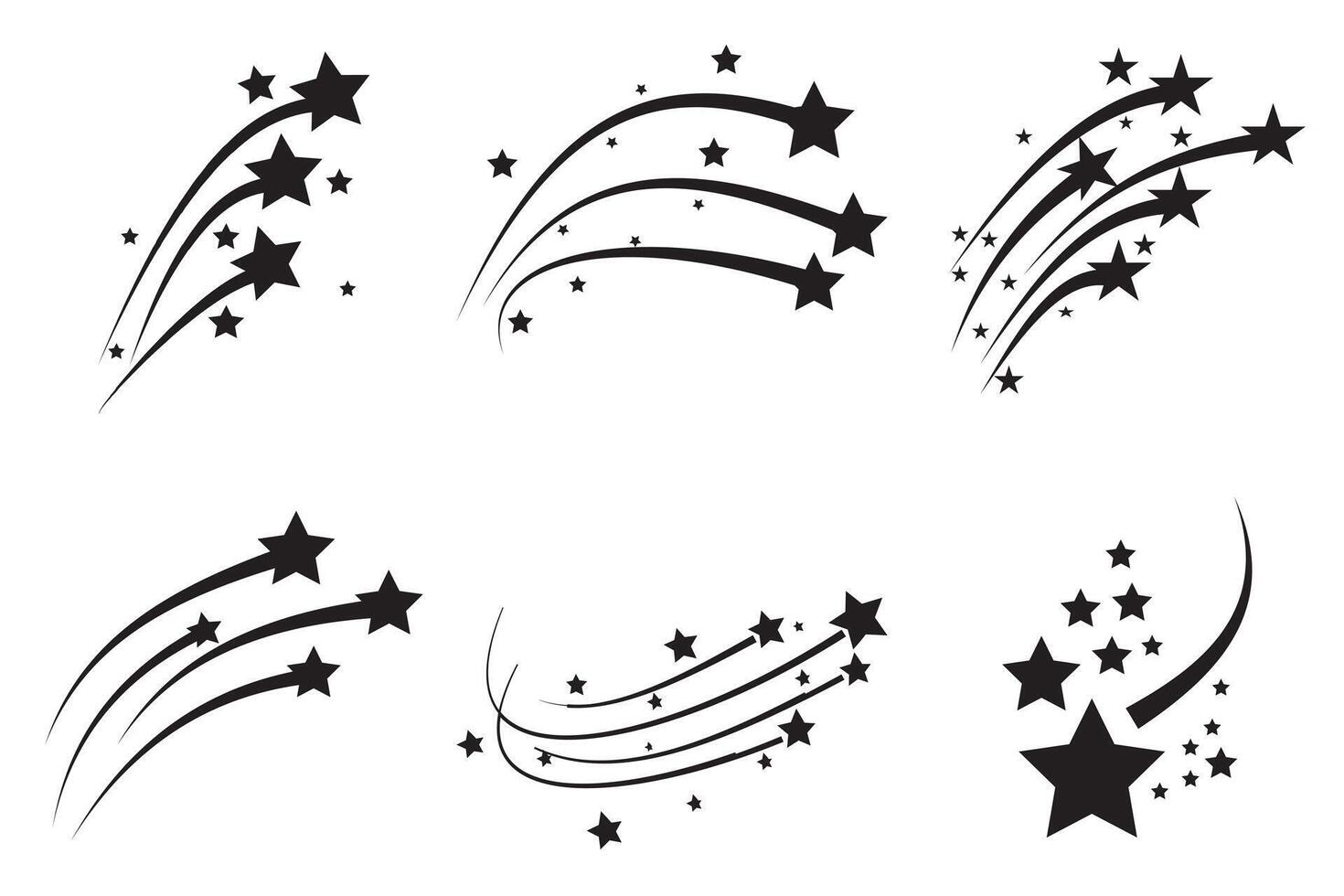 Shooting stars icon set. Abstract silhouette of shooing star. Flying comet with tail. Meteorite and comet symbols. Star tail symbol. Abstract galaxy element. illustration. vector
