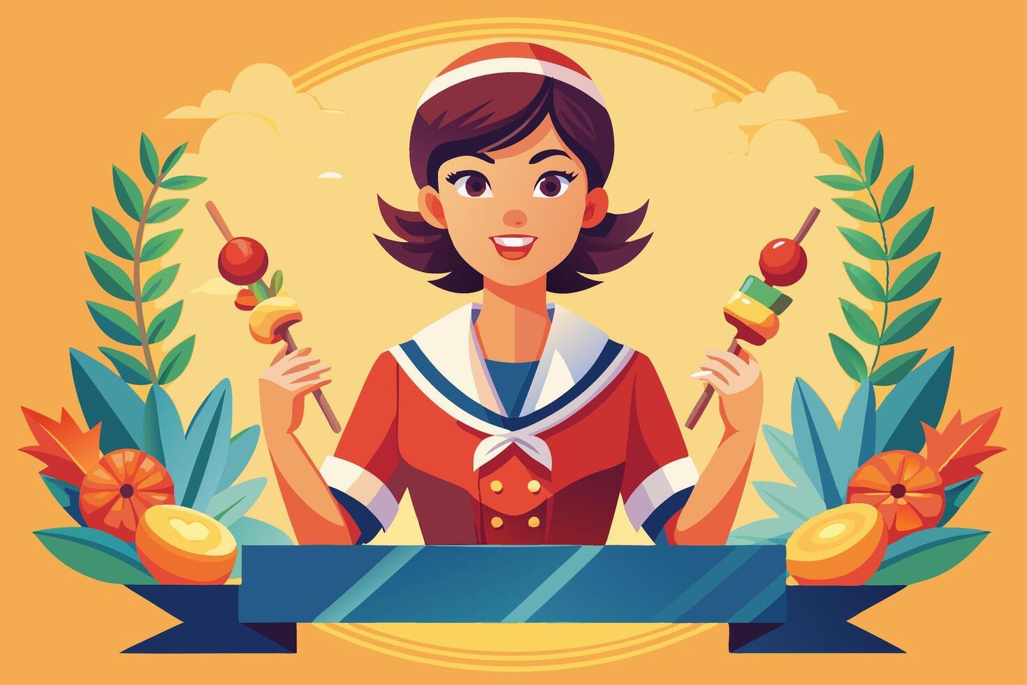 A woman is smiling as she holds two skewers of food in her hands vector