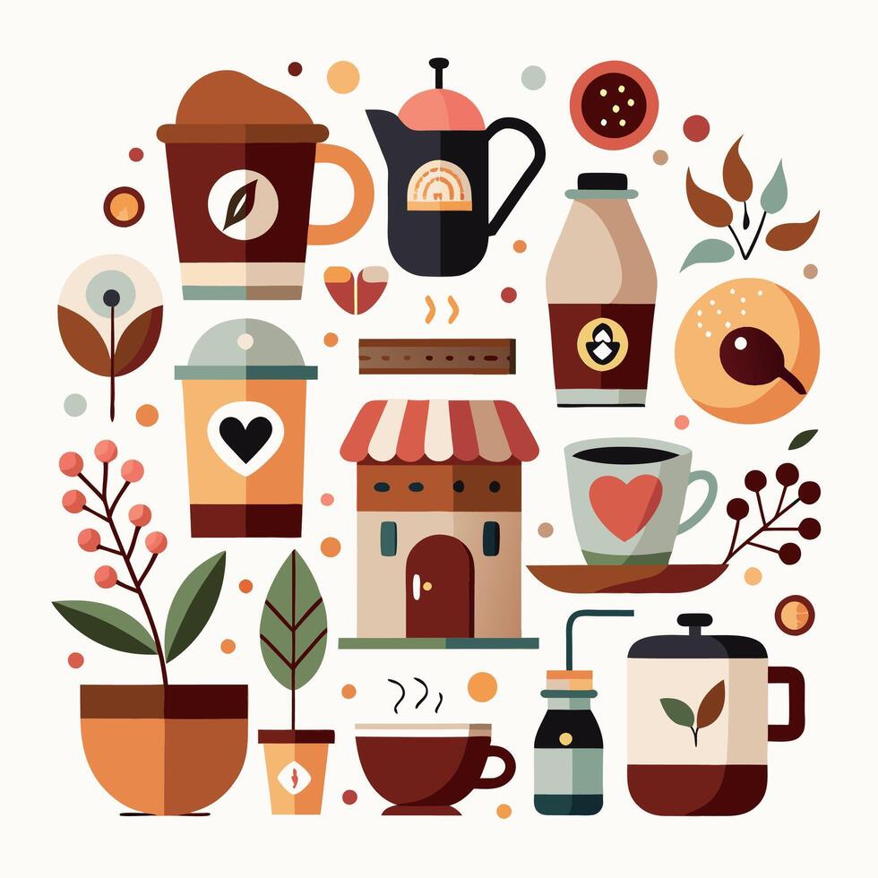 A set of coffeerelated icons arranged in a circular shape vector