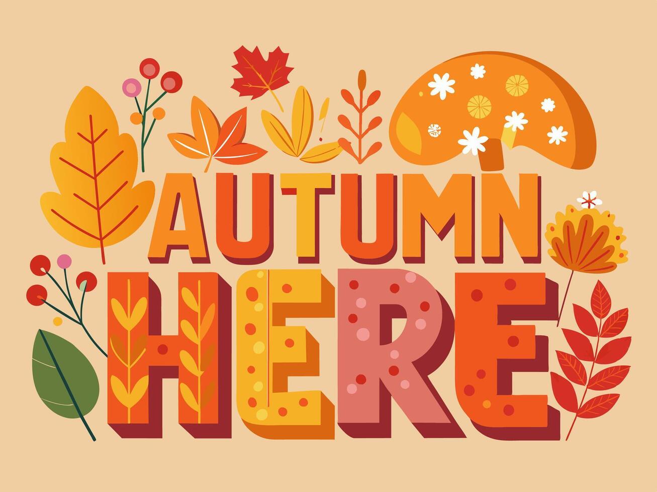 The word autumn is surrounded by leaves and mushrooms, evoking a seasonal feel vector