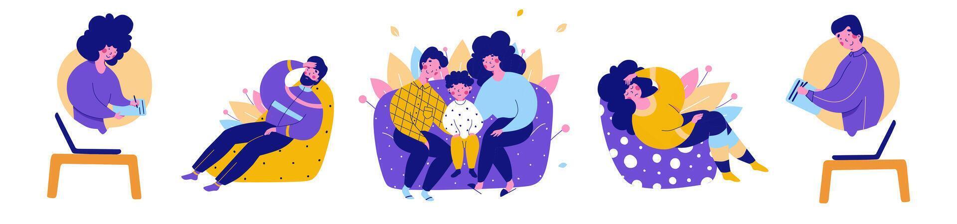 Family with child consultation with psychologist online, flat cartoon illustration set vector