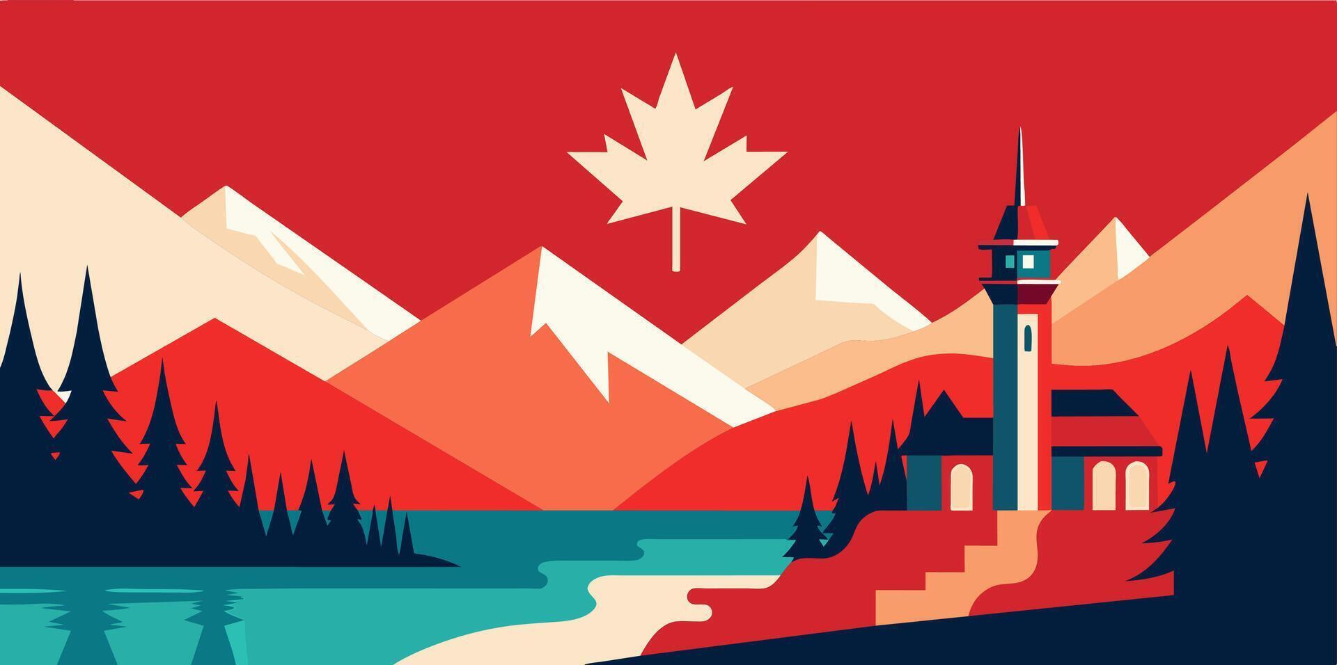 Mountain Landscape with Maple Leaf and Lighthouse vector