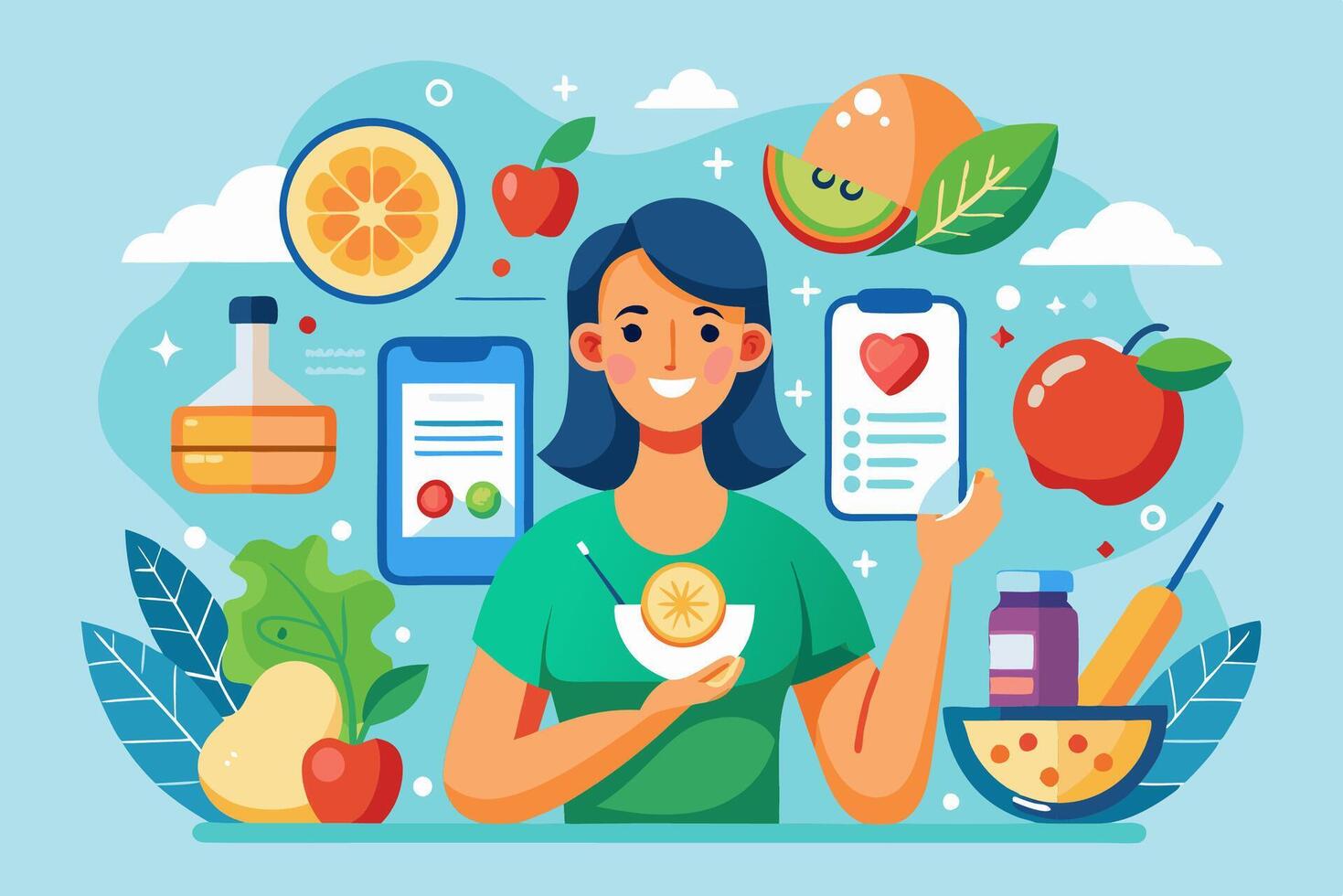 A woman is holding a bowl filled with a variety of fruits and vegetables vector