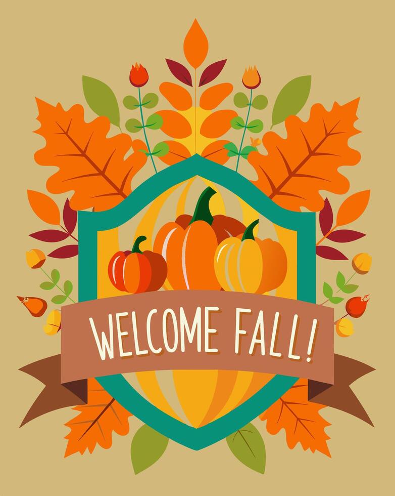 A festive autumn display featuring pumpkins, leaves, and a ribbon vector