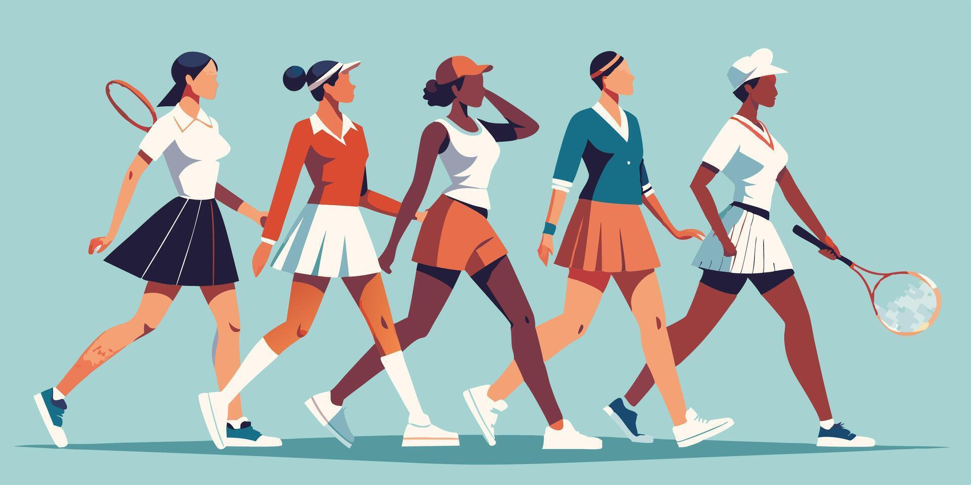 In a line, a collection of females are strolling while clasping hands together vector