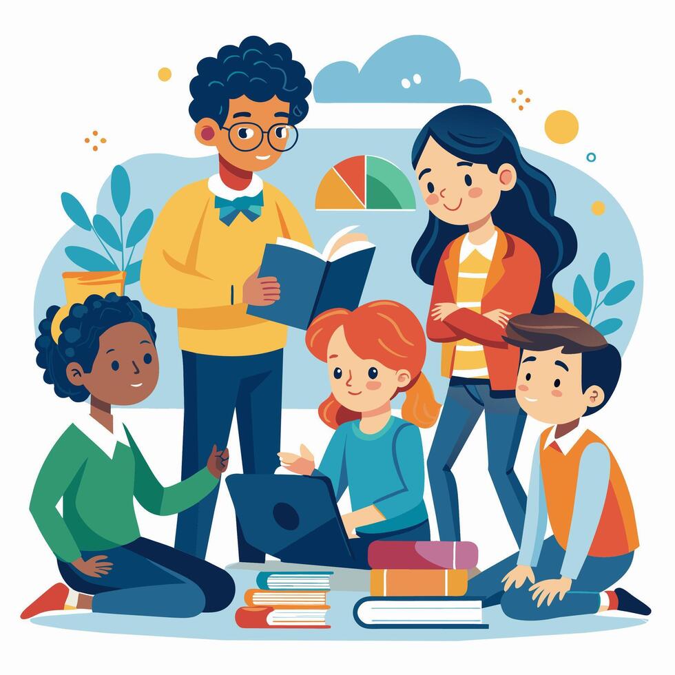 Diverse students collaborate on a project, learning from each other in an educational setting vector