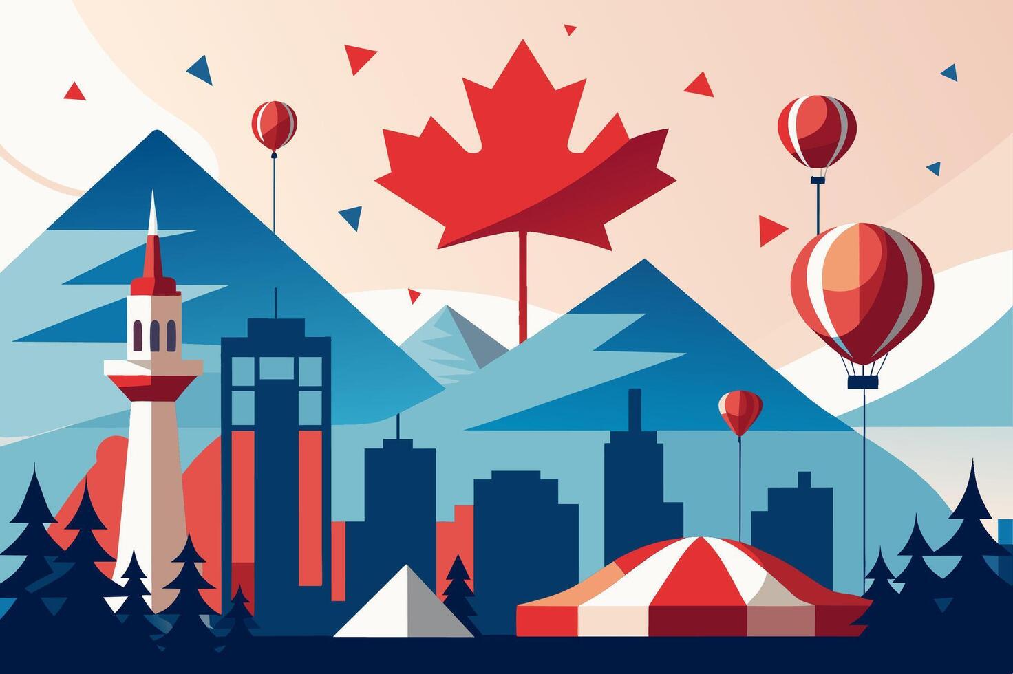 Canadian Cityscape with Mountains and Hot Air Balloons vector