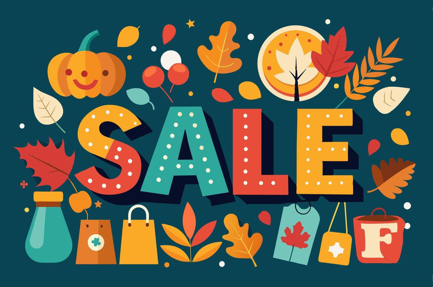 The word sale is set in the midst of autumn leaves and pumpkins vector