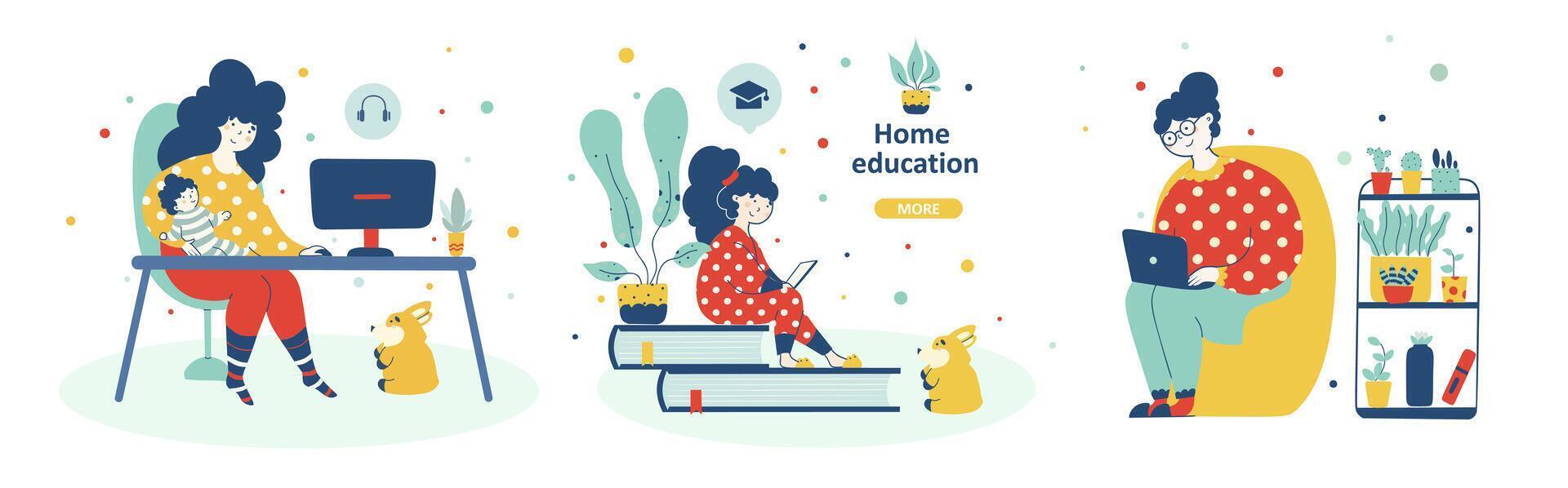 Online learning concept, modern flat set illustration. vector