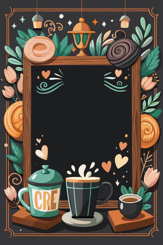 On a blackboard, there are two cups of coffee and flowers placed nearby vector