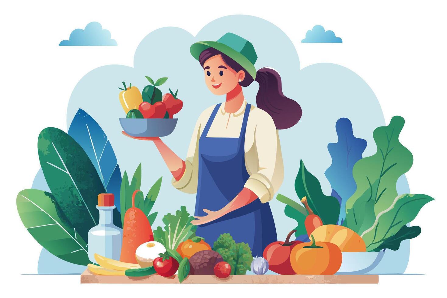 A woman is holding a bowl full of various fruits and vegetables vector