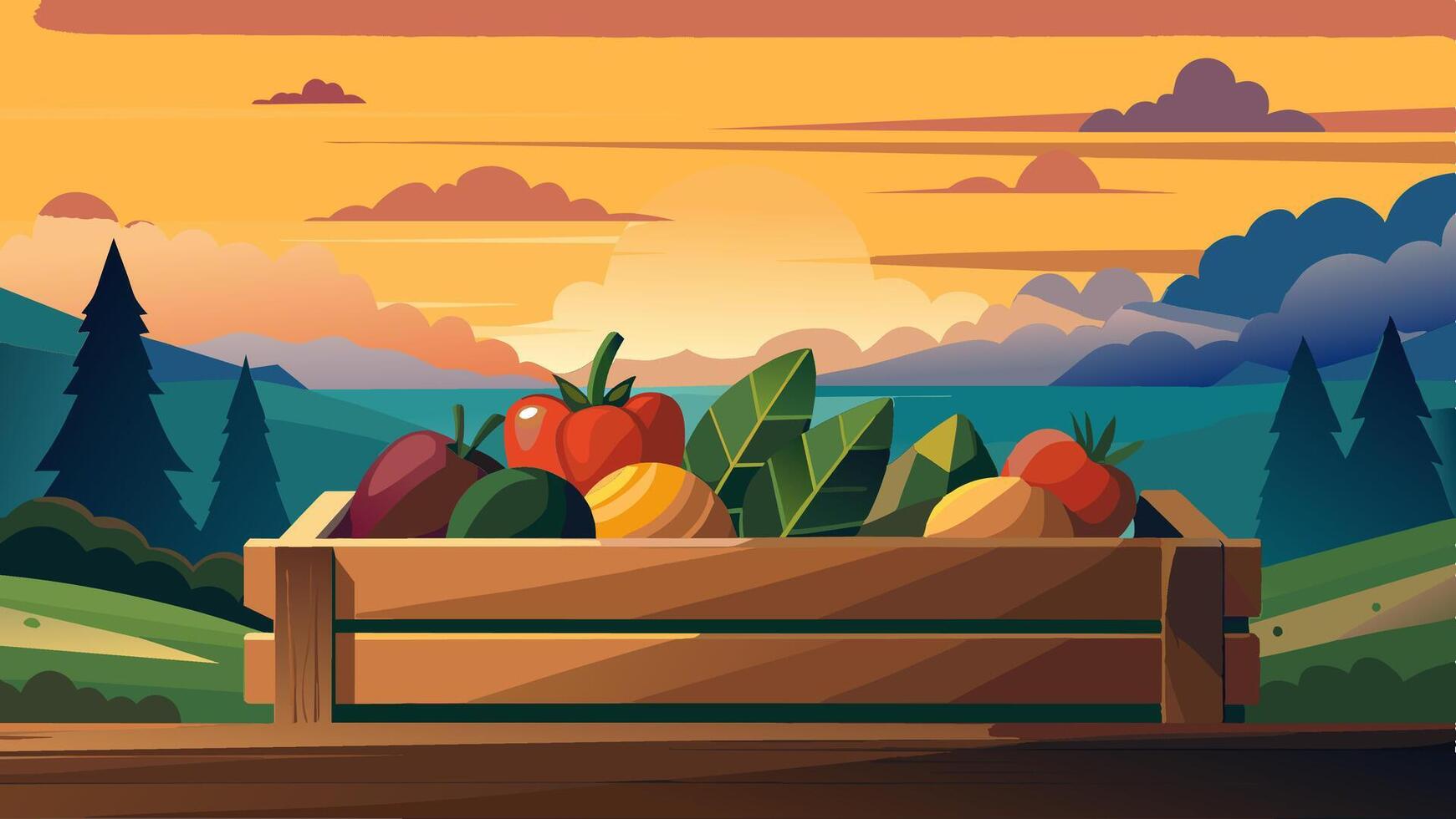 Wooden box with fresh fruits and vegetables arranged on table vector