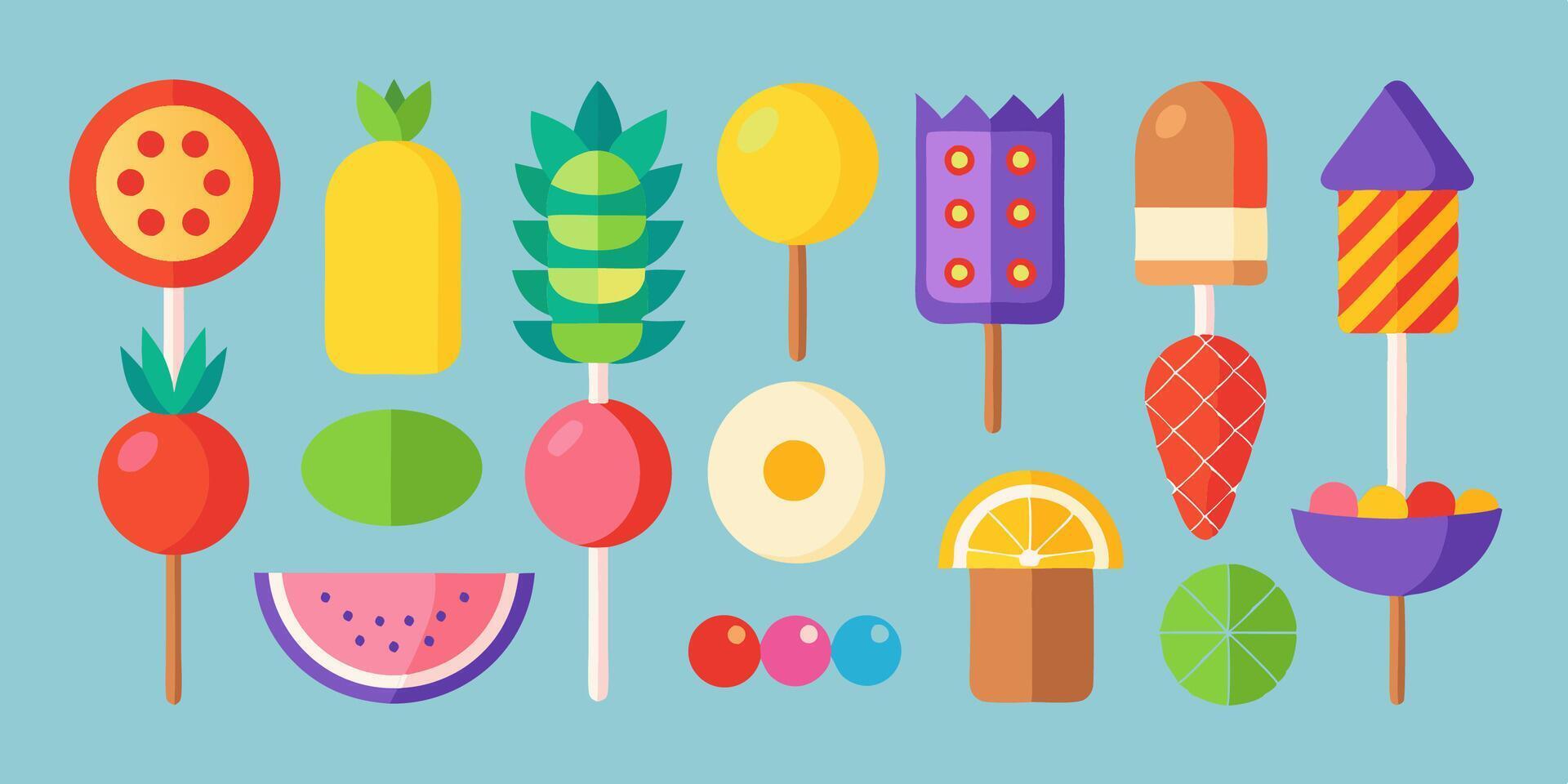 Colorful candy and fruit on sticks on a blue background vector
