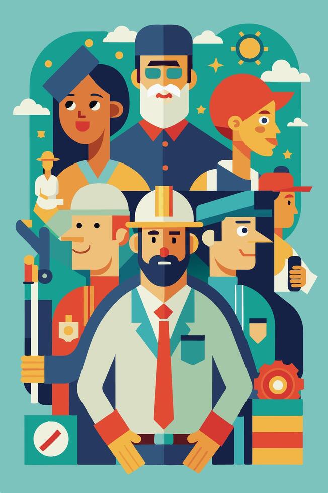 Group of people with various jobs standing together vector