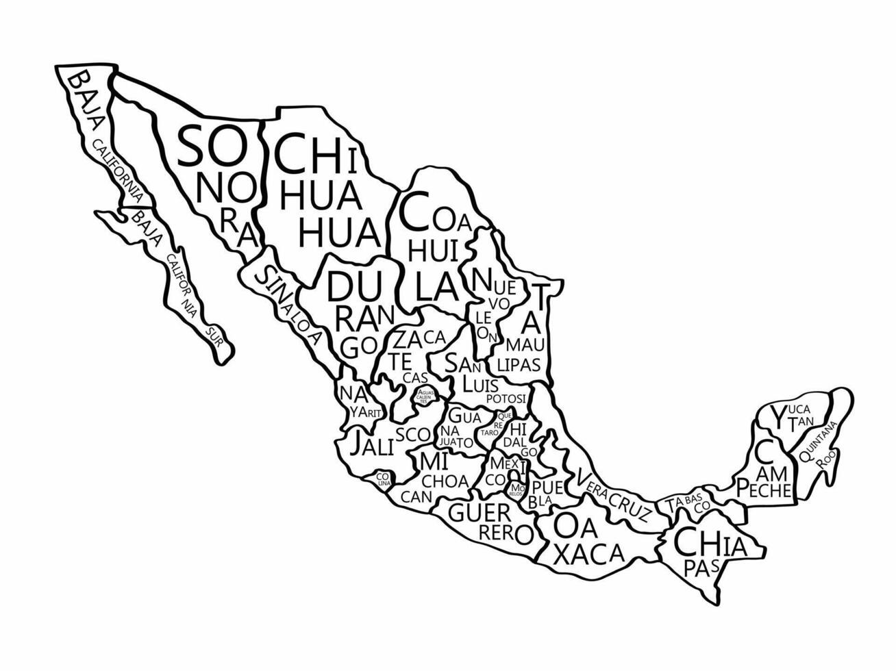 Mexico map with province's name doodle freehand drawing. vector