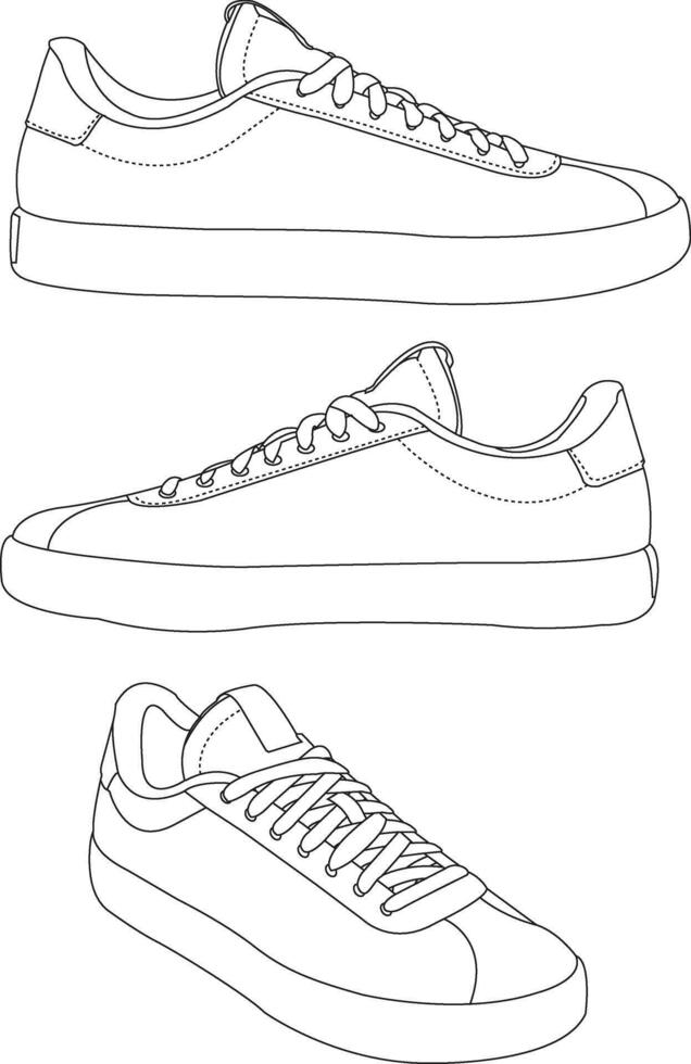 Shoes sneaker outline drawing, Sneakers drawn in a sketch style, black line sneaker trainers template outline, Shoes Isoated vector