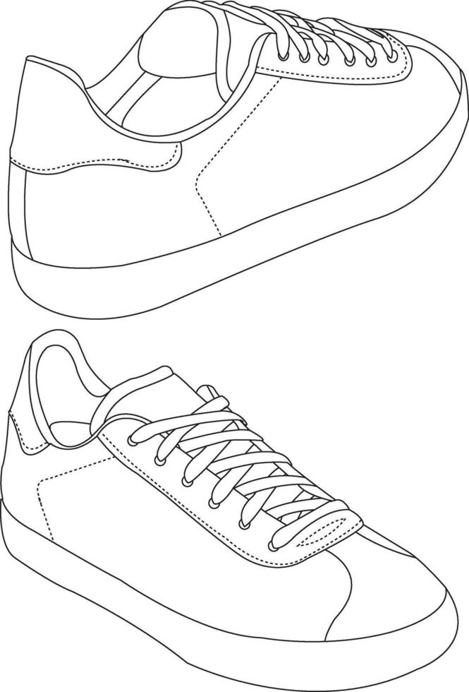 Shoes sneaker outline drawing, Sneakers drawn in a sketch style, black line sneaker trainers template outline, Shoes Isolated vector