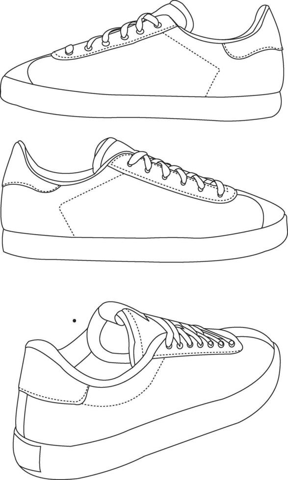 Shoes sneaker outline drawing, Sneakers drawn in a sketch style, black line sneaker trainers template outline, Shoes Isoated vector