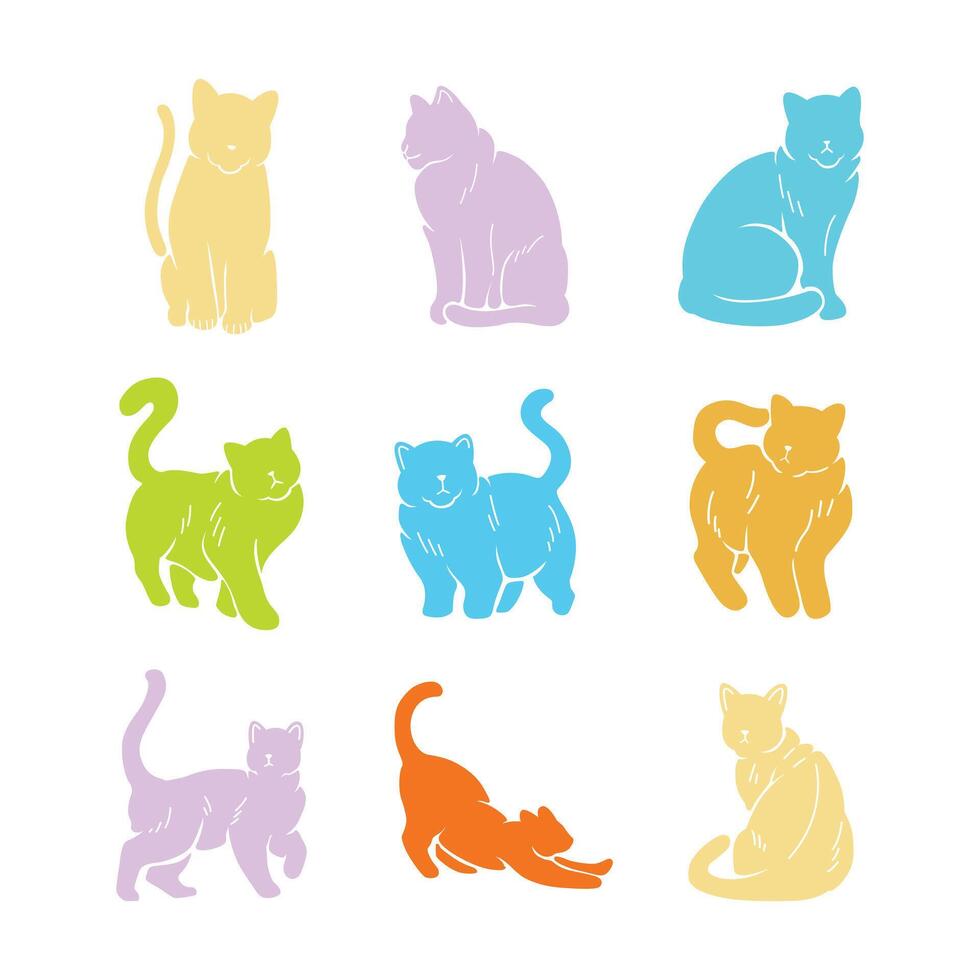 Cute Cats with Different Poses Expressions and Emotions Silhouette vector