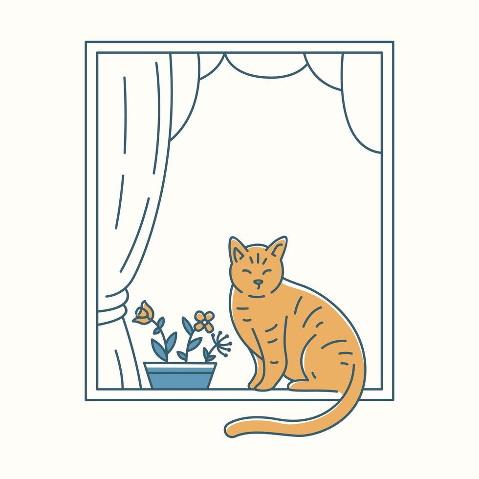 Cute Cat with Flower Behind House Window Curtains vector