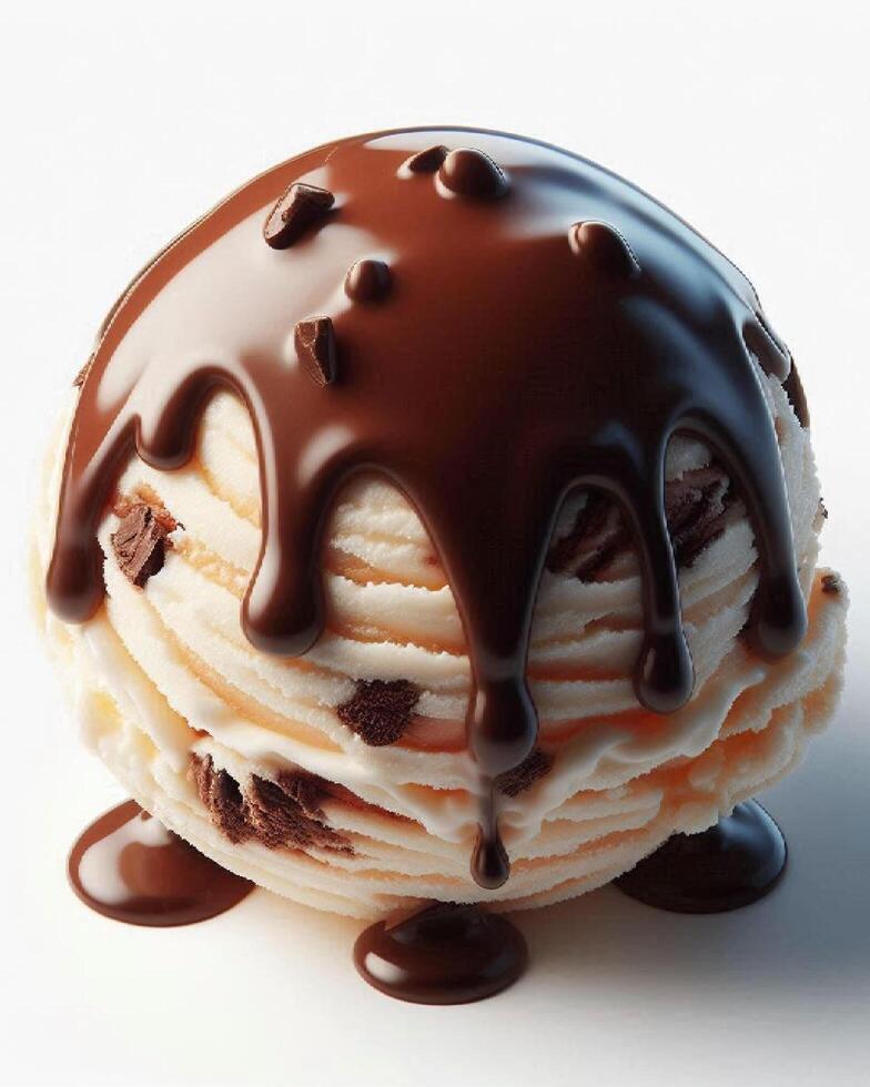 Isolated Vanilla Ice Cream with Drizzled Chocolate on White Background photo