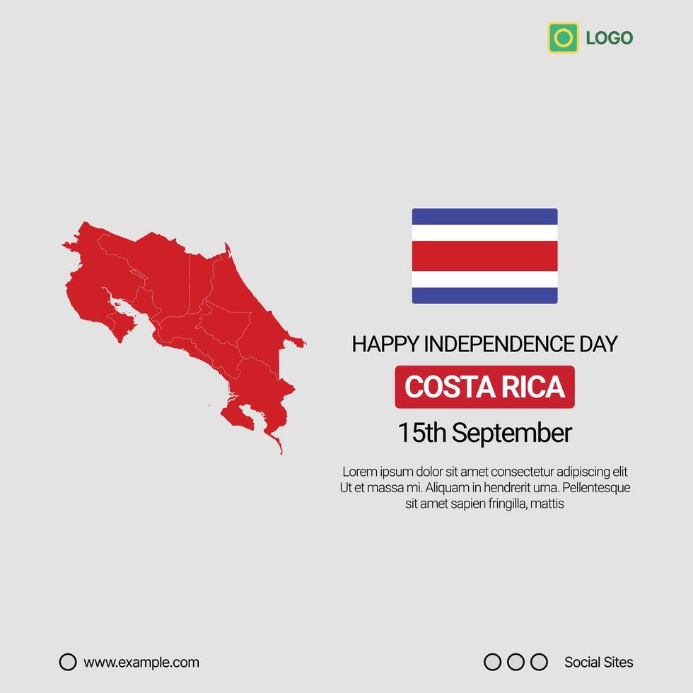 Costa Rica Independence Day Social Media Banner, Editable Design with Map and Flag vector