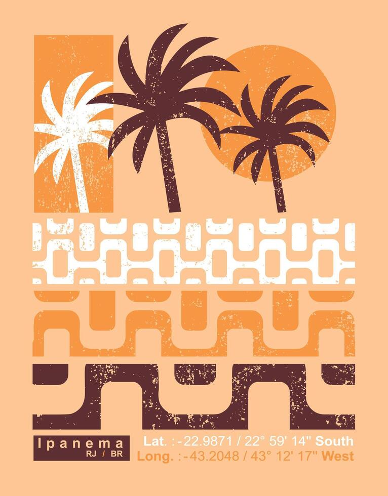 Illustration in graphic style of composition of coconut trees and graphic representation of the sidewalk on Ipanema beach, Rio de Janeiro, Brazil. vector