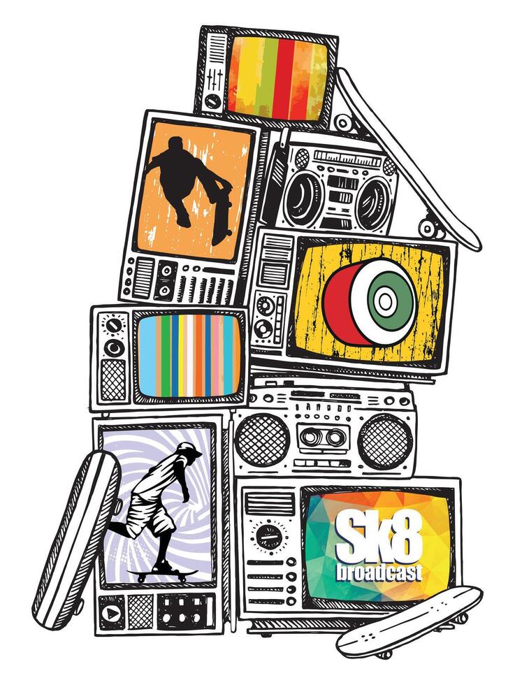 Free and laid-back style illustration of stacked old televisions broadcasting images of skateboarding. vector